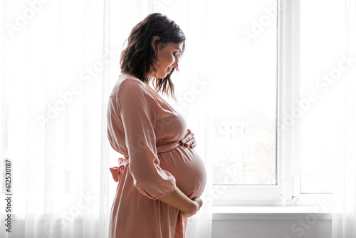 Young pregnant woman near w...