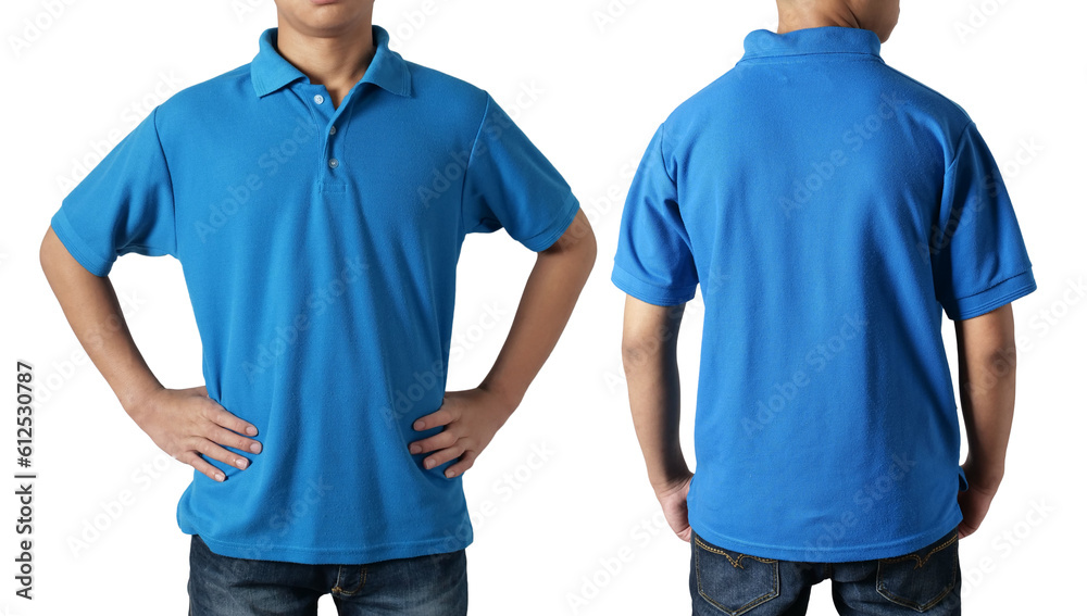Blank collared shirt mock up template, front and back view, Asian teenage male model wearing plain blue t-shirt isolated on white. Polo tee design mockup presentation Blank collared shirt mock up template, front and back view, Asian teenage male model wearing plain blue t-shirt isolated on white. Polo tee design mockup presentation