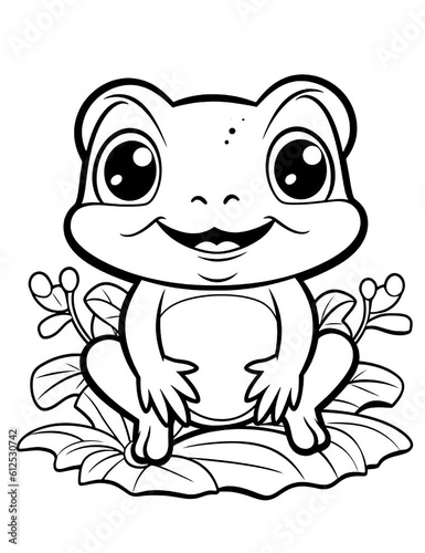 A cartoon frog sitting on a leaf. Generative AI. Coloring book for kids.