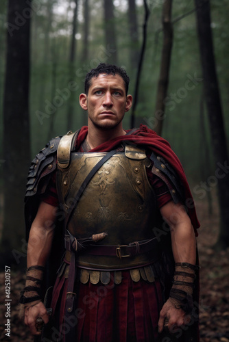 Portrait of Roman legionary in German forest (Generative AI)