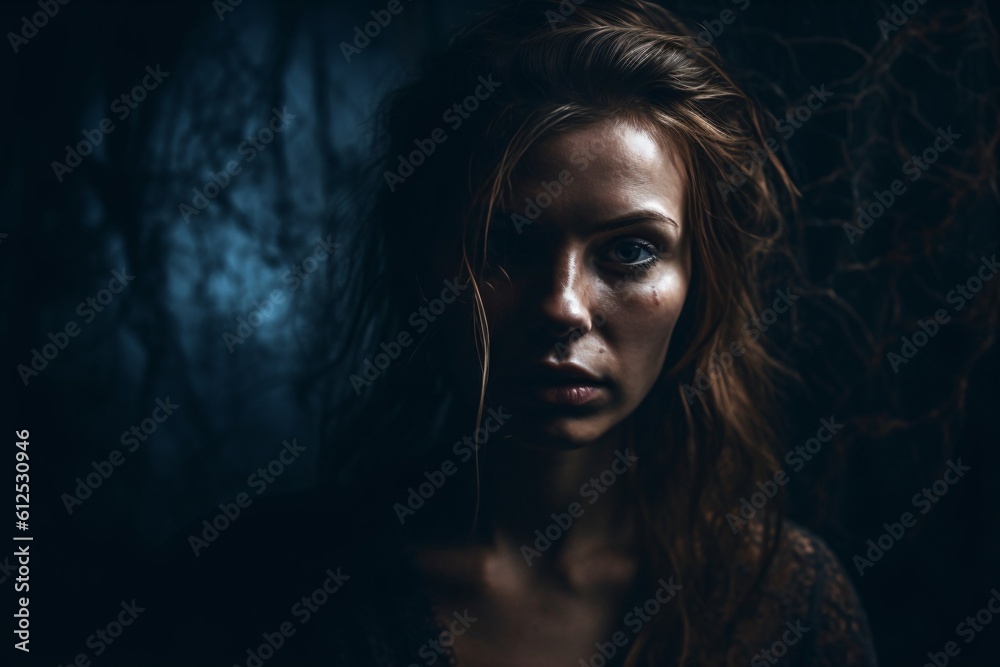 woman with long tangled hair and dirty face created with Generative AI technology