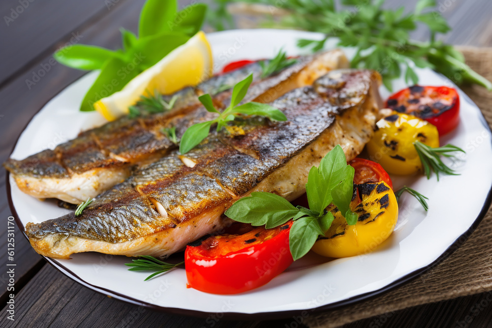 Portion of fish cooked with grilled vegetables. Generative AI Portion of fish cooked with grilled vegetables. Generative AI