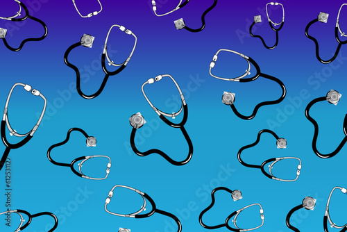 Concept of medical equipment. A pile of stethoscopes scattered randomly on a blue background	