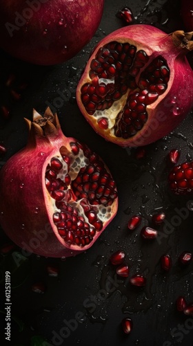 Fresh Organic Pomegranate Fruit Photorealistic Vertical Background. Healthy Vegetarian Diet. Ai Generated Lifelike Background with Delicious Juicy Pomegranate Fruit. Generative AI