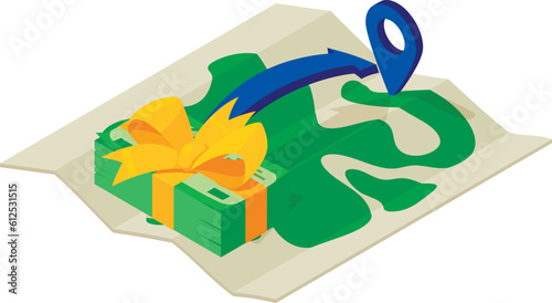 International remittance icon isometric vector. World map point and dollar bill. International money transfer