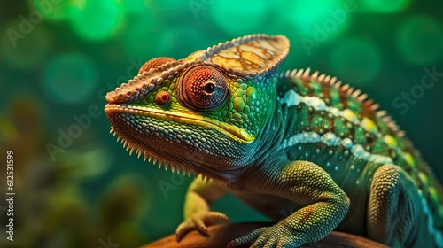 A Captivating Close-Up of a Colorful Green Chameleon  generative AI