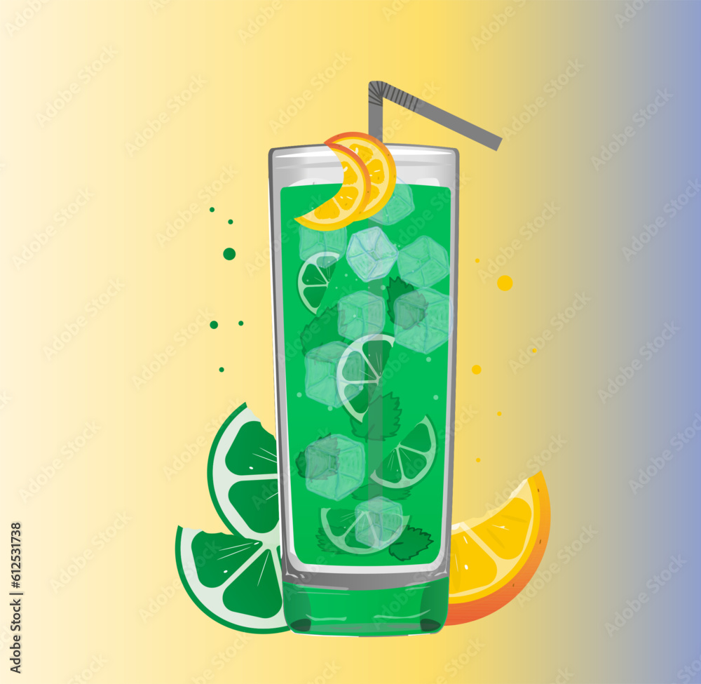 A chilled mojito drink in a glass tumbler, with a straw, with ice, a lime slice and an orange slice for decoration. Vector illustration isolated on gradient background A chilled mojito drink in a glass tumbler, with a straw, with ice, a lime slice and an orange slice for decoration. Vector illustration isolated on gradient background