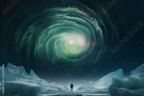 person in the eternal ice looks at a vortex in the sky created with Generative AI technology