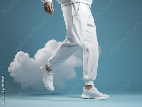 white Sweatpans clothes promotional photo beautiful electronic commercial photography , blue background, studio photo, clean design, pastel colors