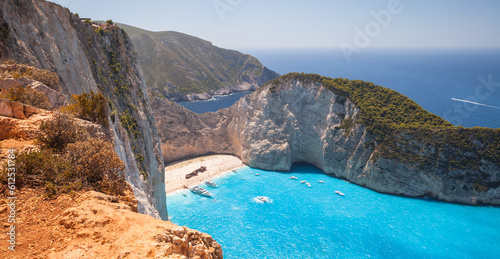 Panoramic landscape of Ship Wreck beach, Navagio bay. Zakynthos