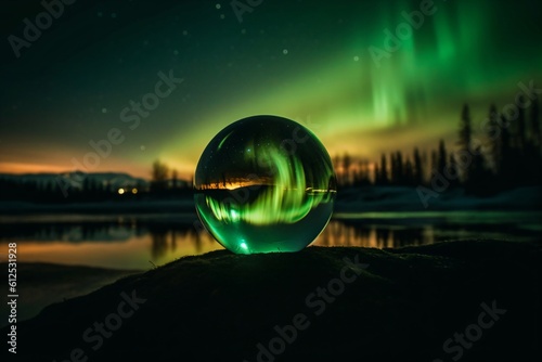 green northern lights reflected in a glowing sphere created with Generative AI technology