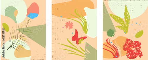 Set SSTK abstract of three color vector cards with abstract shapes and graphic elements of nature. Design for prints, banners, covers. Vector illustration