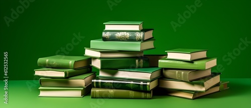 Une pile de livres sur fond vert photo