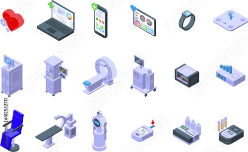 Computer diagnostics of health icons set isometric vector. Radiation therapy. Treatment patient