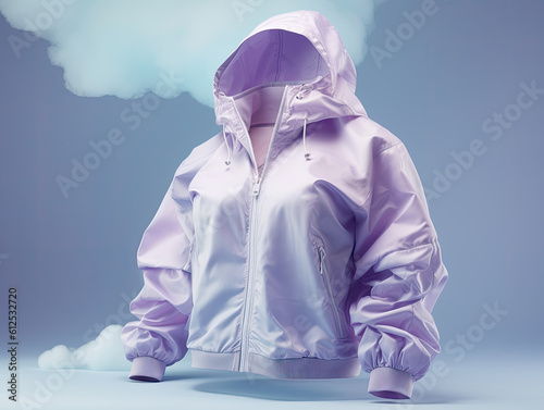 windbreaker clothes promotional photo beautiful electronic commercial photography , blue background, studio photo, clean design, pastel colors Generative AI