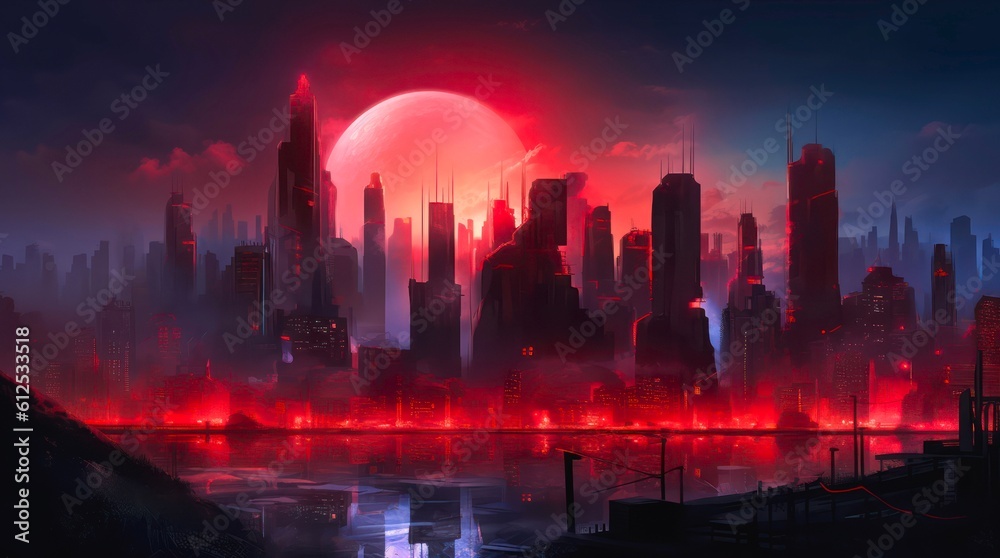 Panorama of cyberpunk futuristic city in the light of red setting sun. Evening scene of a world of the future. Generative AI.