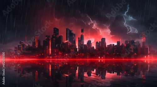 Panorama of cyberpunk futuristic city in red light at night. Evening scene of the world of the future. Generative AI.