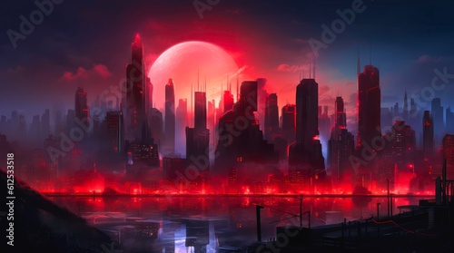 Panorama of cyberpunk futuristic city in the light of red setting sun. Evening scene of a world of the future. Generative AI.