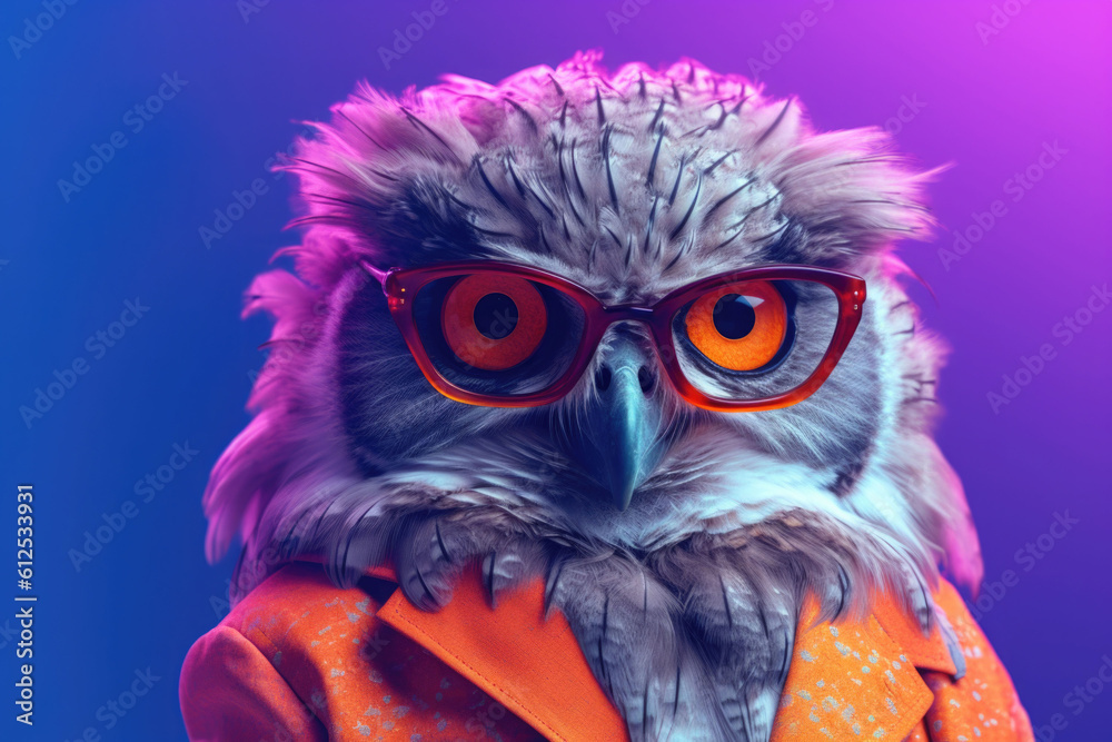 Portrait of intelligent owl wearing a pair of glasses and a tie. Bright colors. Generative AI