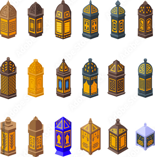 Ramadan lantern icons set isometric vector. Hanging islamic. Moon lamp