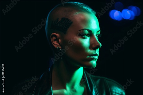 beautiful woman with short shaved hair and tattoo on head created with Generative AI technology