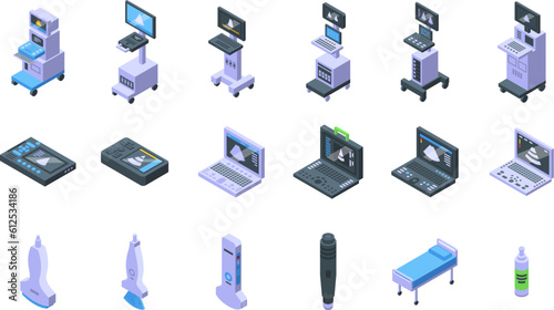 Ultrasound machine icons set isometric vector. Probe doctor. Ultrasonic test