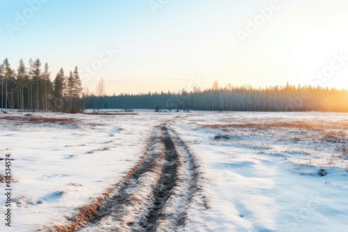 winter landscape with snow-covered field and trees in the background. Generative AI