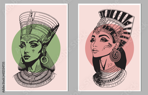 Cleopatra face, Egyptian pharaoh queen, ancient goddess portrait, Egypt woman black hair, gold crown. Mythology character, jewelry necklace old civilization Nefertiti princess. Egypt Cleopatra clipart