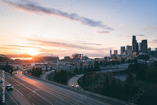 Skyline of modern Seattle on the sunset