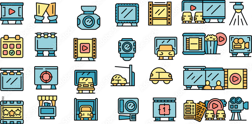 Cinema in the car icons set outline vector. Open air. Outdoor cinema thin line color flat on white