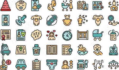 Night babysitting icons set outline vector. Baby service. Book bed thin line color flat on white