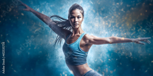 Woman in dynamic dance pose, wearing tank top, blue background, wide. Generative AI