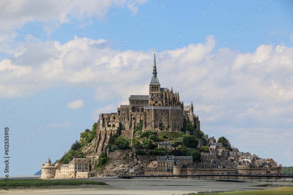 Scene of the famous Mont-Saint-Michel Abbey on the island in L'Abbaye, Le Mont-Saint-Michel, France