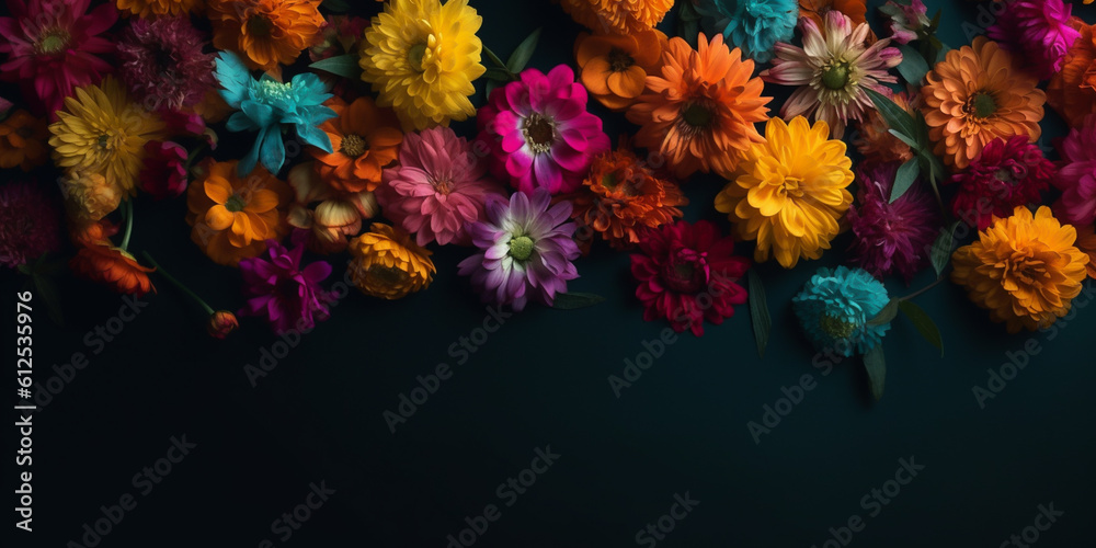 Floral background banner or wallpaper, colorful spring flower mix