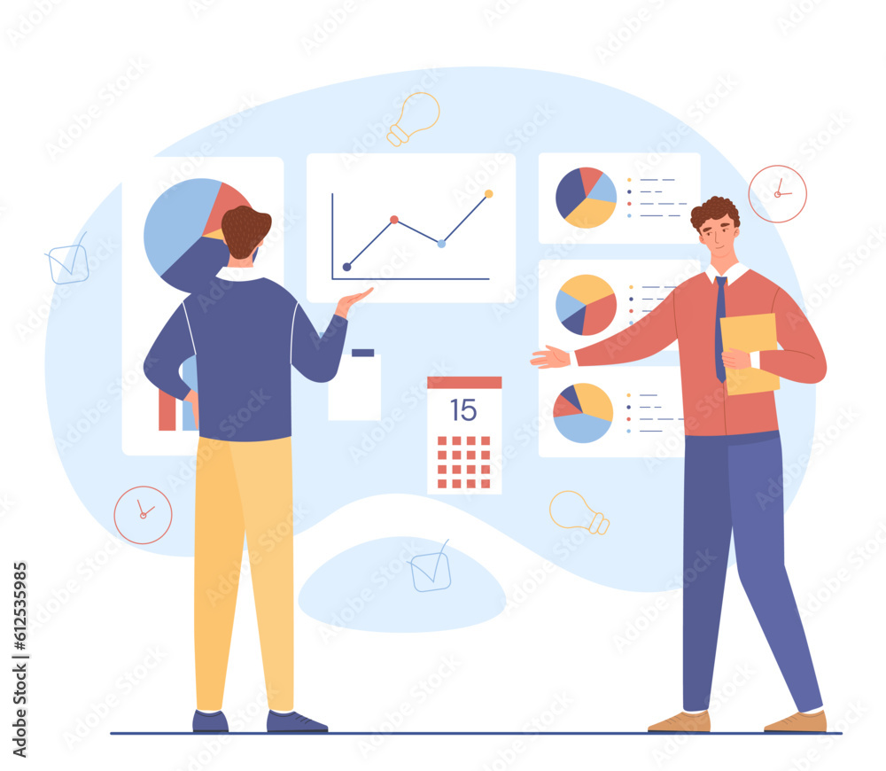 People work with graphs concept. Analysts evaluate charts and infographics, dashboard. Visualization of data and statistics. Employees conduct market research. Cartoon flat vector illustration People work with graphs concept. Analysts evaluate charts and infographics, dashboard. Visualization of data and statistics. Employees conduct market research. Cartoon flat vector illustration