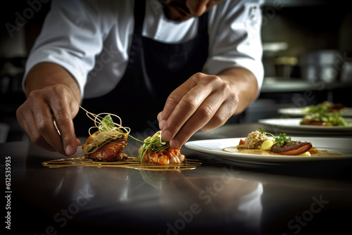 Fototapeta Naklejka Na Ścianę i Meble -  Capturing Culinary Artistry: Chef's Gourmet Creation, ai generated