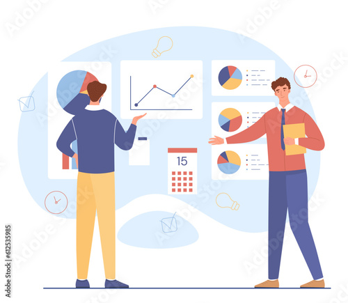 People work with graphs concept. Analysts evaluate charts and infographics, dashboard. Visualization of data and statistics. Employees conduct market research. Cartoon flat vector illustration