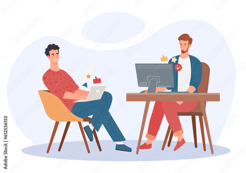 Happy business team at workplace concept. Men work together on common project. Employees and colleagues. Collaboration and cooperation, partnership. Cartoon flat vector illustration