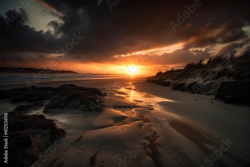 sunset between the dunes and the sea created with Generative AI technology © StockMedia