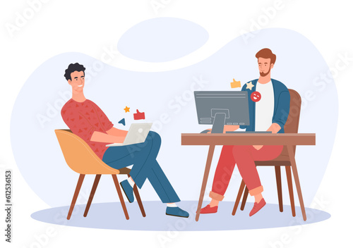 Happy business team at workplace concept. Men work together on common project. Employees and colleagues. Collaboration and cooperation  partnership. Cartoon flat vector illustration