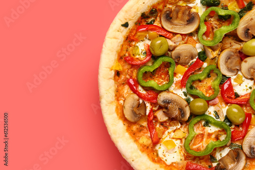 Vegetable pizza on red background