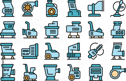 Garden shredder icons set outline vector. Wood tree. Mower string thin line color flat on white
