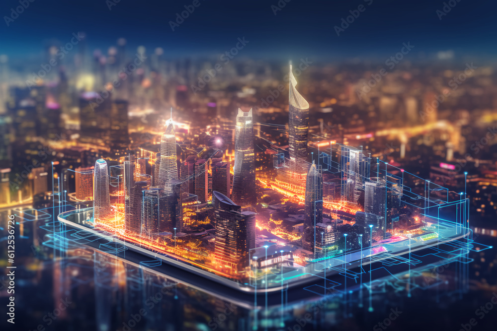 Fototapeta premium Artificial intelligence looking at smart city, AI control city infrastructure, data traffic, ensure safety. World communication concept, generative ai