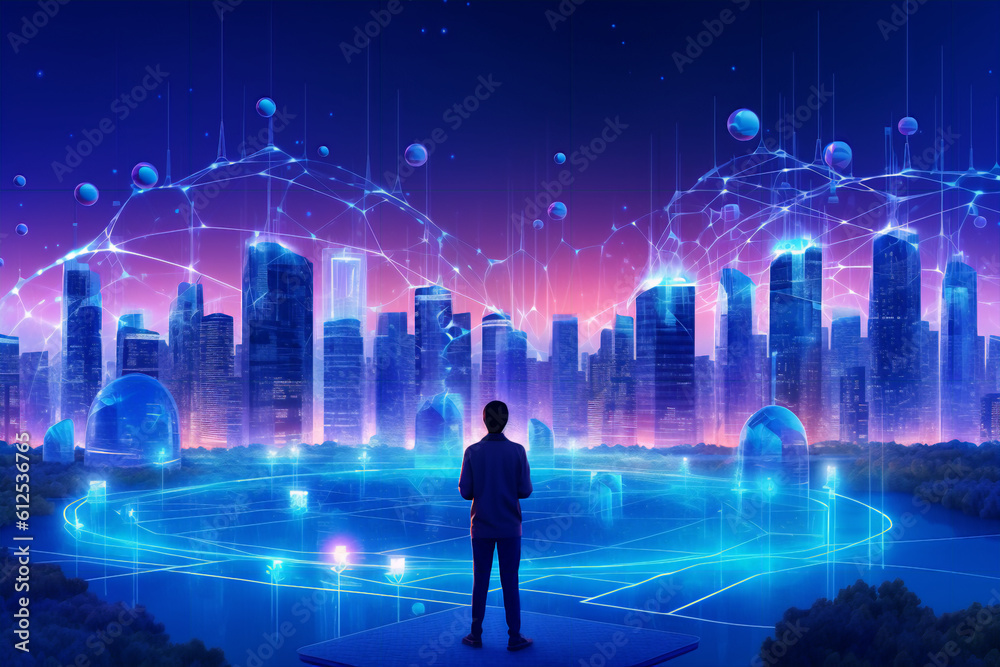 Artificial intelligence looking at smart city, AI control city infrastructure, data traffic, ensure safety. World communication concept, generative ai