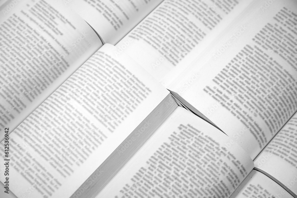 Fototapeta premium open books on a flat layout as a background. blurred text. top view or high angle shot