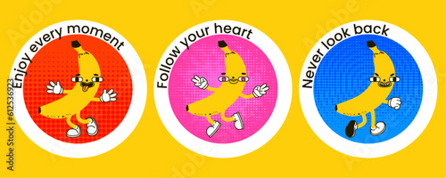 Retro labels with trendy groovy fruits. Modern patches with retro cartoon characters. Motivating and funny phrases. Nostalgia for vintage aesthetics and the 80s-90s-2000s.
