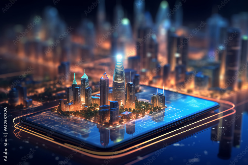 Artificial intelligence looking at smart city, AI control city infrastructure, data traffic, ensure safety. World communication concept, generative ai Artificial intelligence looking at smart city, AI control city infrastructure, data traffic, ensure safety. World communication concept, generative ai