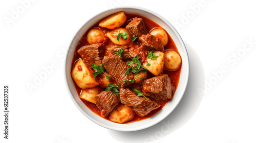  view of a goulash in a bowl with potatoes isolated against transparent