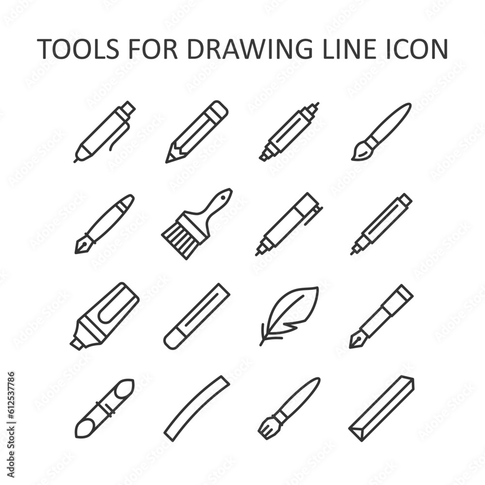 Tools for drawing, calligraphy, lettering, sketching flat line icon set. Paintbrush, pen, pencil, feather, marker, felt pen, charcoal, crayon, chalk, bamboo. Vector illustration. Tools for drawing, calligraphy, lettering, sketching flat line icon set. Paintbrush, pen, pencil, feather, marker, felt pen, charcoal, crayon, chalk, bamboo. Vector illustration.