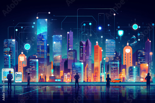 Artificial intelligence looking at smart city  AI control city infrastructure  data traffic  ensure safety. World communication concept  generative ai